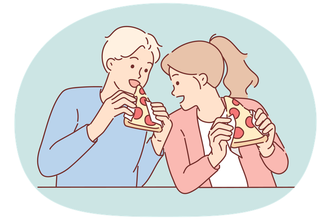 Hungry friends eat pizza and bite into italian appetizer with tomatoes or pepperoni with appetite  Illustration