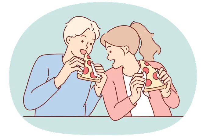 Hungry friends eat pizza and bite into italian appetizer with tomatoes or pepperoni with appetite  Illustration