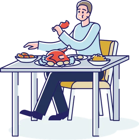 Hungry Man Eating A Lot Of Food In Disorder Sitting At Table With Full Mouth Cartoon Male Character Overeating Fat Food At Dinner Linear Vector Illustration Illustration