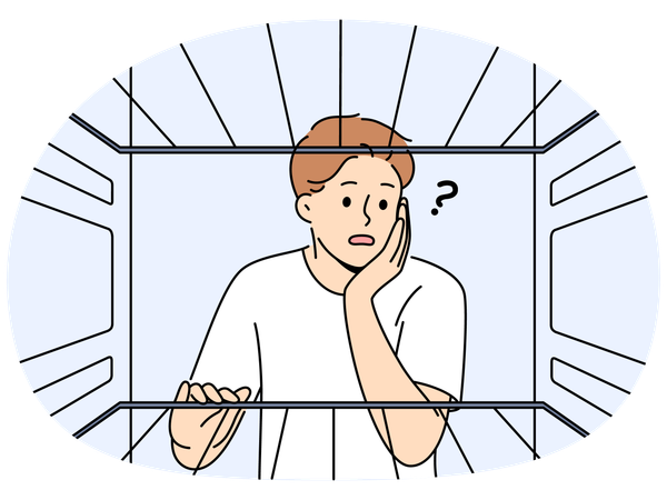 Hungry man sees empty refrigerator and nervous about lack food due to poverty  Illustration