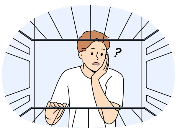 Hungry man sees empty refrigerator and nervous about lack food due to poverty  Illustration