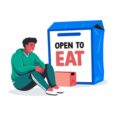 Hungry man with box written open to eat  Illustration