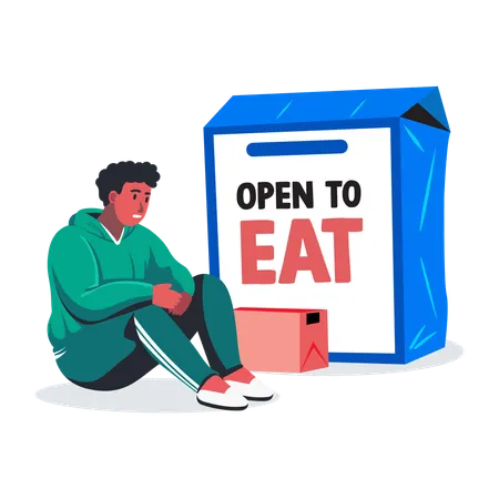 Hungry man with box written open to eat  Illustration