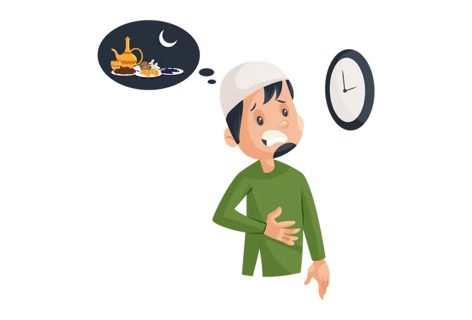Hungry Muslim Man thinking of dinner time  Illustration