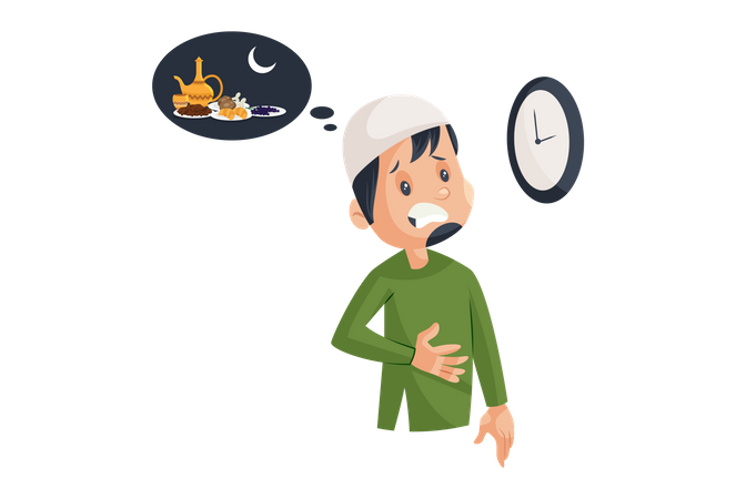 Hungry Muslim Man thinking of dinner time  일러스트레이션