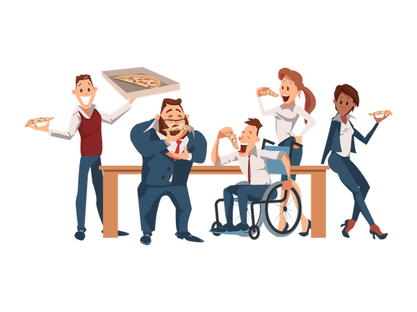 Hungry Office Worker Have Break for Pizza  Illustration