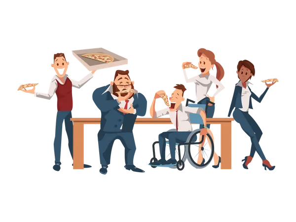 Hungry Office Worker Have Break for Pizza  Illustration