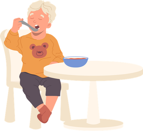 Hungry toddler boy eating milk porridge sitting at table  일러스트레이션