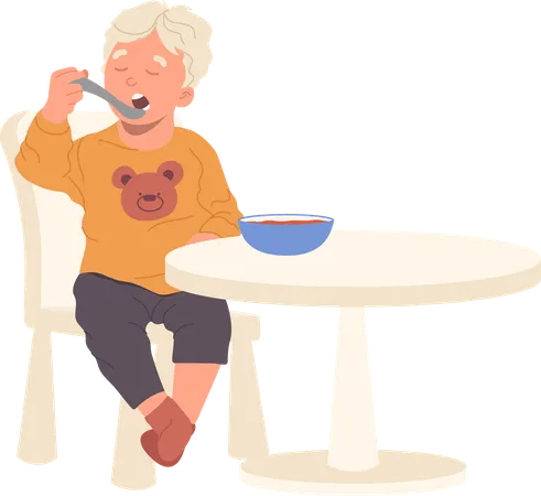 Hungry toddler boy eating milk porridge sitting at table  일러스트레이션