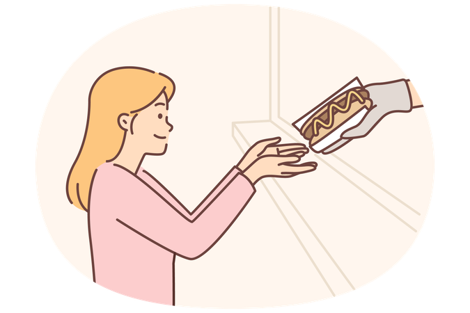 Hungry woman buys hot dog in fast food restaurant or street catering store with delicious sandwiches  Illustration