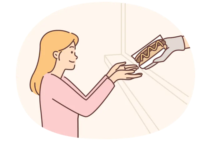 Hungry woman buys hot dog in fast food restaurant or street catering store with delicious sandwiches  Illustration