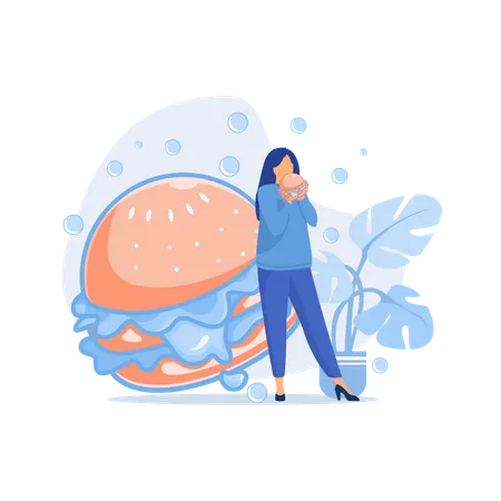 Hungry woman eating burger Illustration
