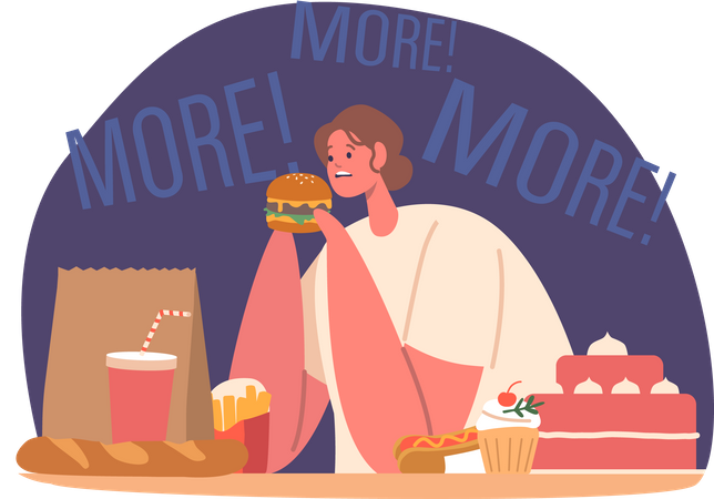 Hungry woman with excessive eating disorder  Illustration
