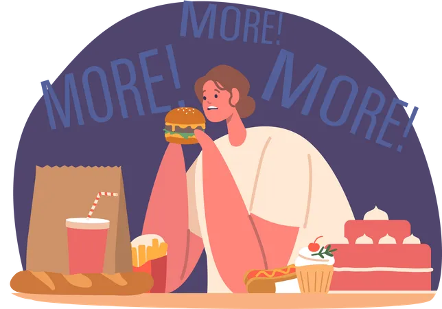 Hungry Female Character With Excessive Eating Disorder Woman Consume Large Amounts Of Food In A Short Time Often Feeling Out Of Control Psychological Problem Cartoon People Vector Illustration Illustration