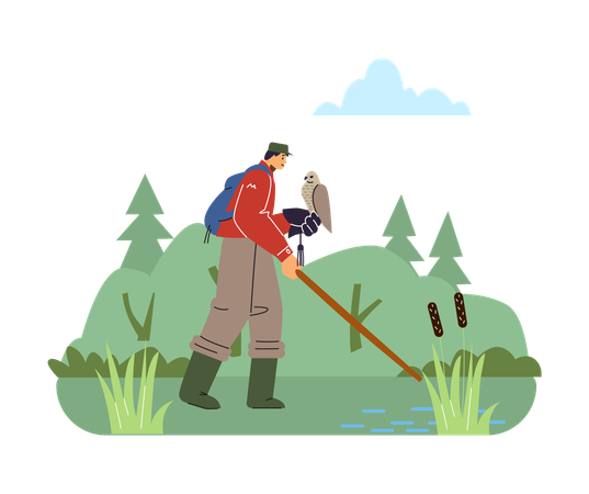 Hunter holding wild bird on his hand and prepare for bird hunting show  Illustration
