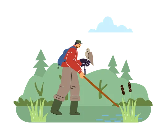 Hunter holding wild bird on his hand and prepare for bird hunting show  Illustration