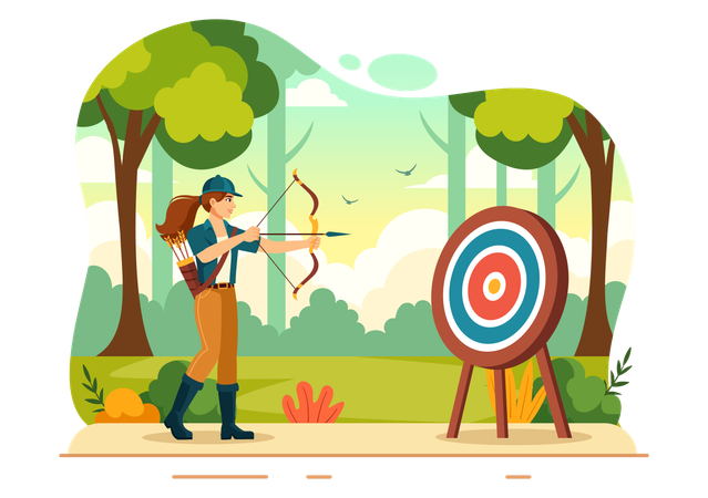 Hunter practices archery game in park  Illustration
