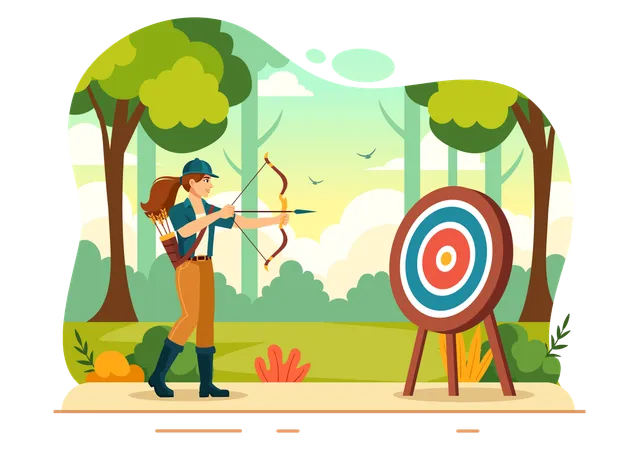 Hunter practices archery game in park  Illustration