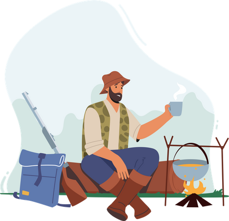 Hunter relaxing in camp  Illustration