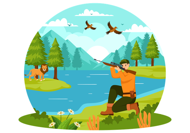 Hunter Shooting Animal  Illustration
