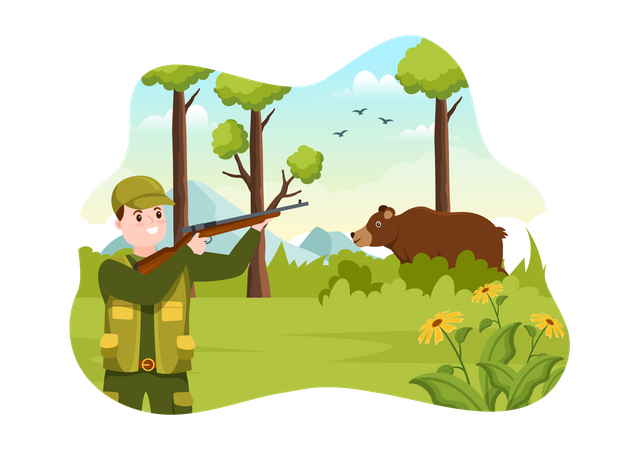 Hunter shooting bear Illustration