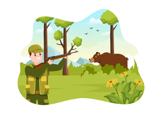 Hunter shooting bear Illustration
