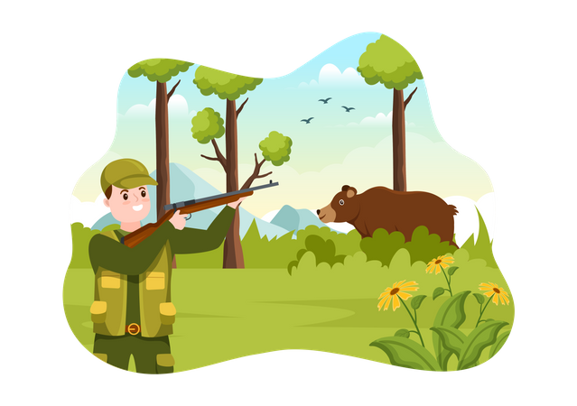 Hunter shooting bear  Illustration