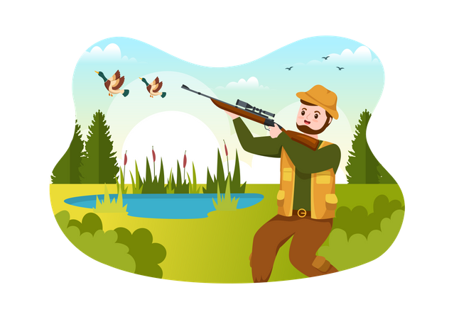 Hunter shooting bird Illustration