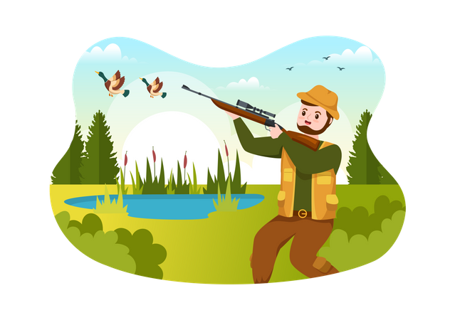 Hunter shooting bird  Illustration