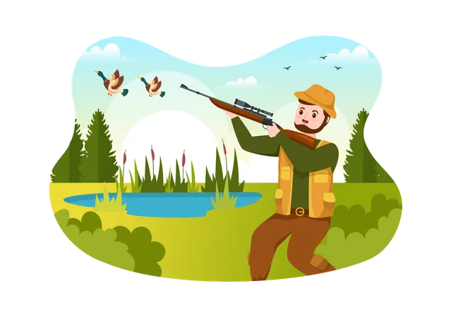 Hunter shooting bird  Illustration