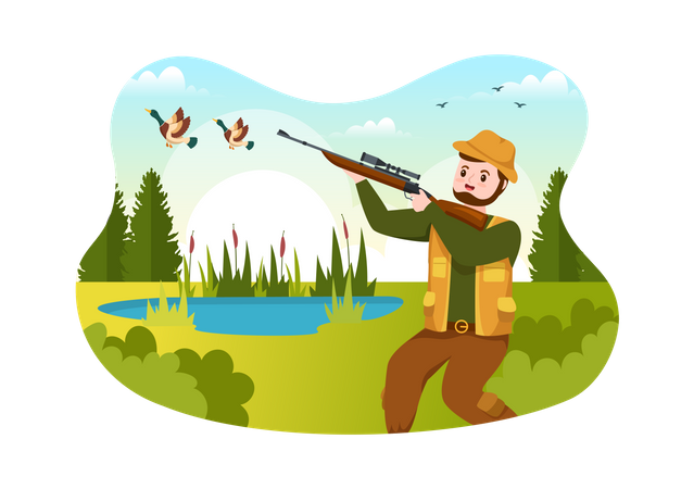 Hunter shooting bird  Illustration