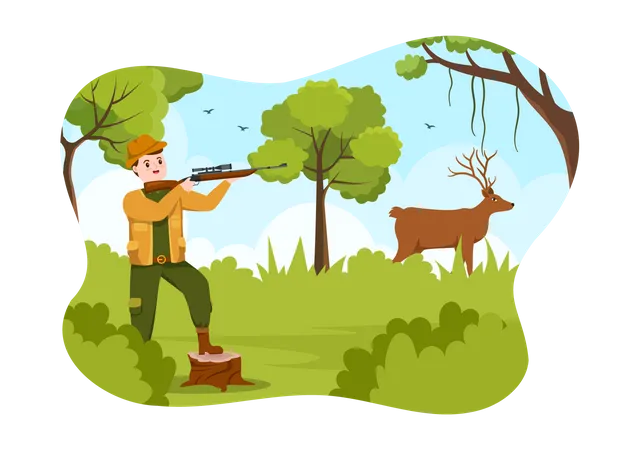 Hunter shooting deer Illustration