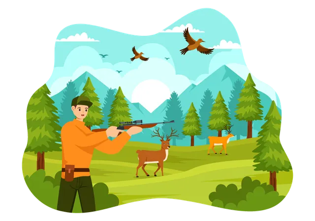 Hunting Vector Illustration With Hunter Rifle Or Weapon For Shooting To Birds Or Wild Animals In The Forest On Flat Cartoon Background Design Illustration