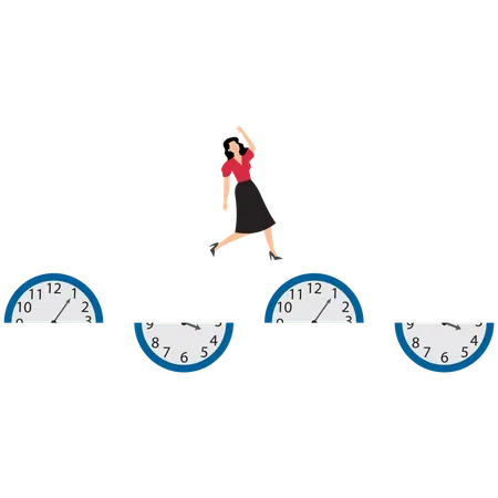 Hurry businesswoman running fast on time run out clock  Illustration