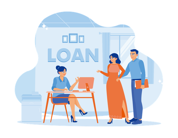 Husband and wife apply for loan approval from bank officer  Illustration