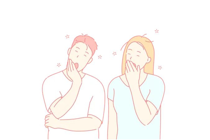 Sleepy People Tired Friends Yawning Couple Concept Husband And Wife Gaping Covering Mouths With Palms Brother And Sister Oscitating Boredom And Exhaustion Gesture Simple Flat Vector Illustration