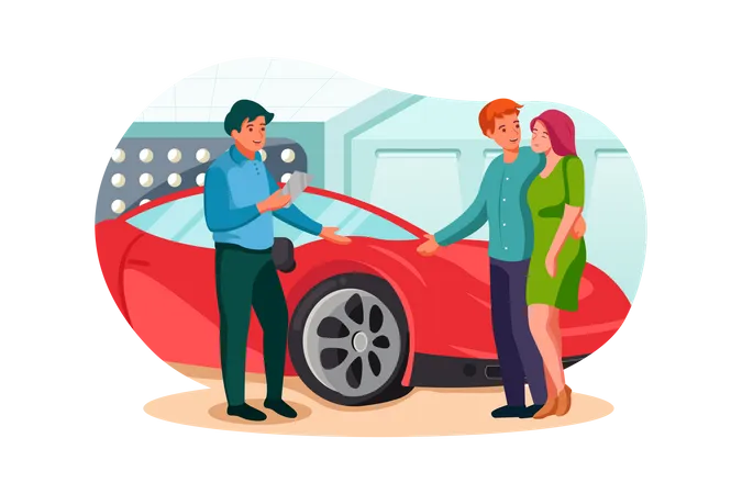 Husband and wife looking at sports car in showroom Illustration