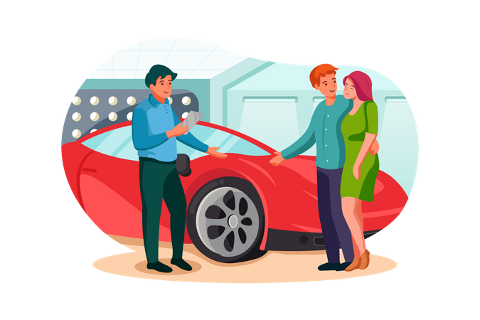 Husband and wife looking at sports car in showroom  Illustration