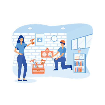 Husband and wife make repairs and change house wallpaper  Illustration