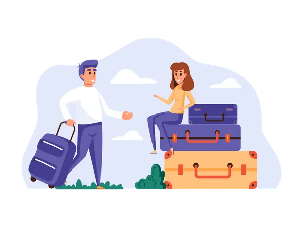 Husband and wife packing luggage for tour  イラスト