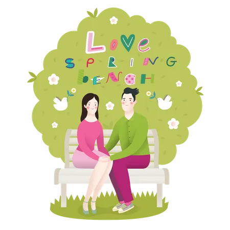 Love Spring Bench Lettering A Couple In Love Sitting On A Bench Under The Tree Illustration