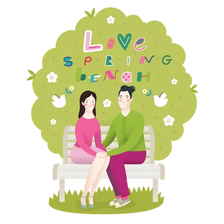 Husband and wife sitting on bench  Illustration