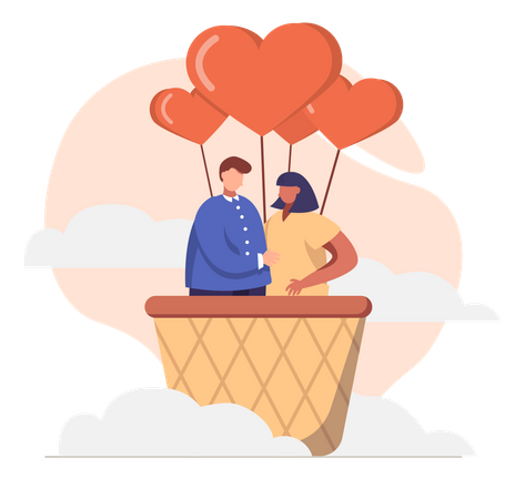 Husband and wife travelling in hot air balloon Illustration