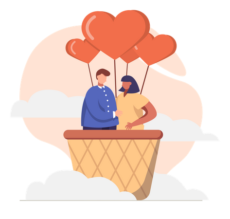 Husband and wife travelling in hot air balloon  Illustration