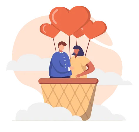 Husband and wife travelling in hot air balloon  Illustration