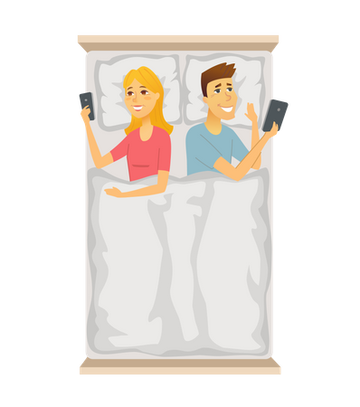 Husband and wife using mobile in bedroom  Illustration