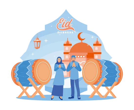 Husband and wife wish you a happy Eid al Fitr  Illustration