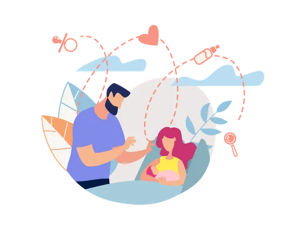 Husband caring his wife and new born baby Illustration