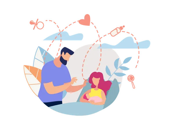 Husband caring his wife and new born baby  Illustration