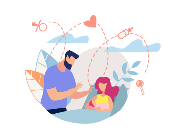 Husband caring his wife and new born baby  イラスト
